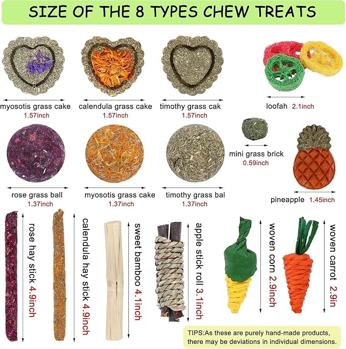 Bunny Toys, 21PCS Rabbit Chew Toys for Teeth, Guinea Pig Natural Treats