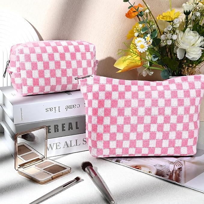 SOIDRAM 2 Pieces Makeup Bag Large Checkered Cosmetic Bag Capacity Canvas Mix Travel Toiletry Bag Organizer Cute Makeup Brushes Aesthetic Accessories Storage Bag for Women, Pink checkered