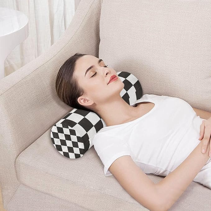 Checkered Black Neck Roll Pillow Bolster Round Health Memory Foam Long Cervical Cylinder Pillows with Removable Washable Cover for Body Bed Legs Back Yoga