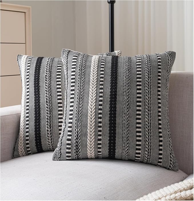 Cethom Boho Throw Pillow Covers 22x22 Inch Set of 2, Farmhouse Decorative Couch Pillow Cases, Black Accent Pillows of Bed, Sofa Bedroom Living Room Home Decor Cushion Cover
