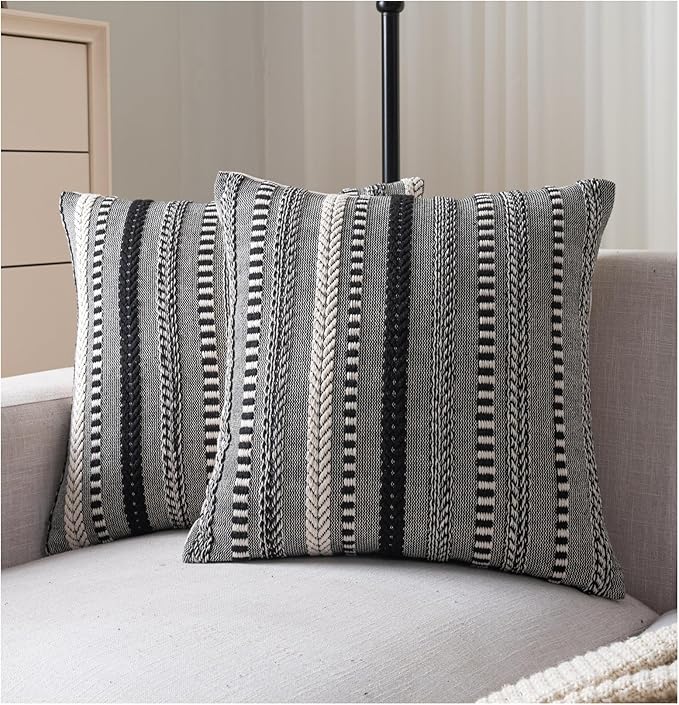 Cethom Boho Throw Pillow Covers 20x20 Inch Set of 2, Farmhouse Decorative Couch Pillow Cases, Black Accent Pillows of Bed, Sofa Bedroom Living Room Home Decor Cushion Cover