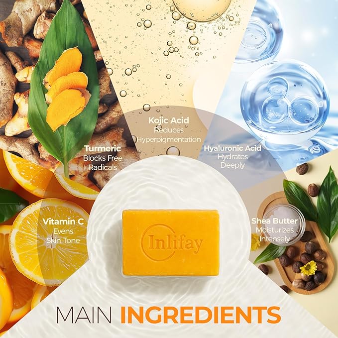 Inlifay Turmeric Kojic Acid Soap: Dark Spot Soap for Face Body - Home Travel Use Skin Cleansing for Women (200g)
