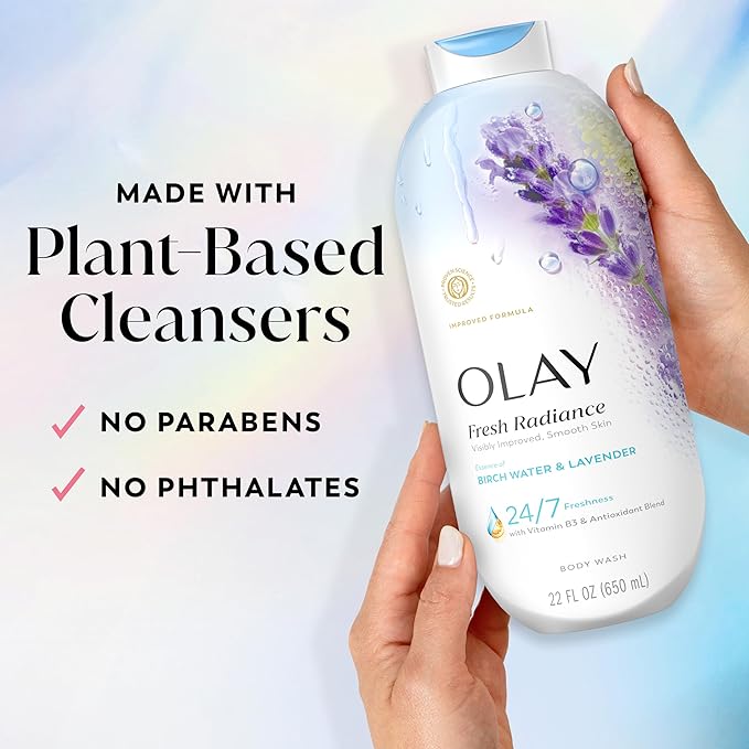 Olay Body Wash for Women, Fresh Radiance, 24/7 Skin-Loving Freshness, Visibly Radiant, Plant Based Cleansers, Vitamin B3 & Antioxidant Blend, For All Skin Types, Birch Water & Lavender Scent, 22 fl oz