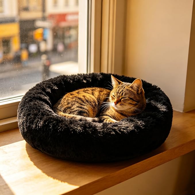 Cat Beds for Indoor Cats - Cat Bed Washable 20/24 inches, Dog Beds for Small Medium Dogs, Anti Anxiety Round Fluffy Plush Faux Fur Cat Bed, Thick Bottom (Dark, Medium)