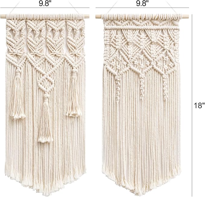 Mkono 2 Pcs Macrame Wall Hanging, Boho Woven Chic Tapestry Decor, Ivory | 18"L x 9.5"W, Bohemian Wall Decor, Hand-Woven Craft, Multi-Scene, Bedroom Nursery Living Room Apartment, Girls Adults Gift