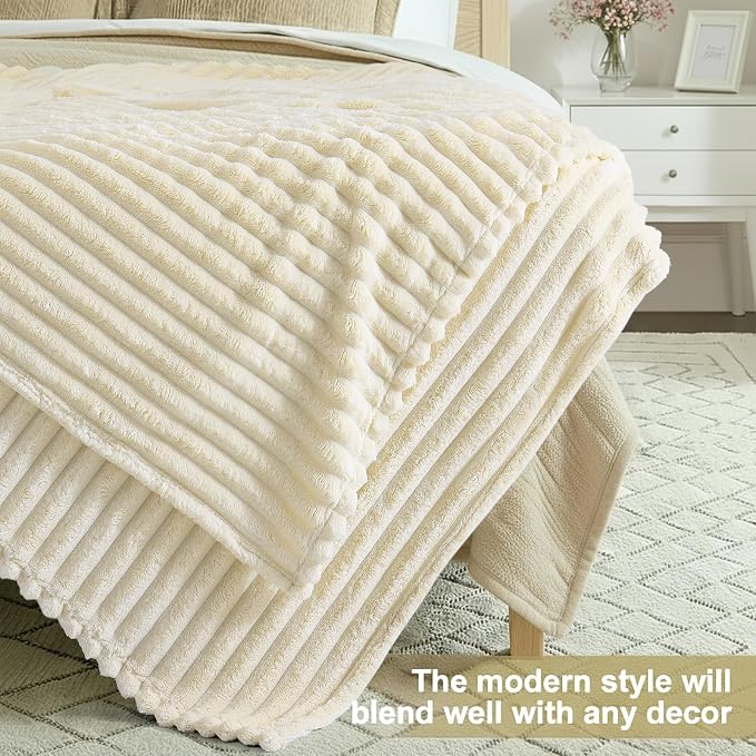 decorUhome Beige Fleece Twin Blanket 60x80 Inches | Soft Couch Cozy Fluffy Plush Flannel Striped Blanket for Sofa Bed, Lightweight Decorative Ribbed Fuzzy Blanket for Woman