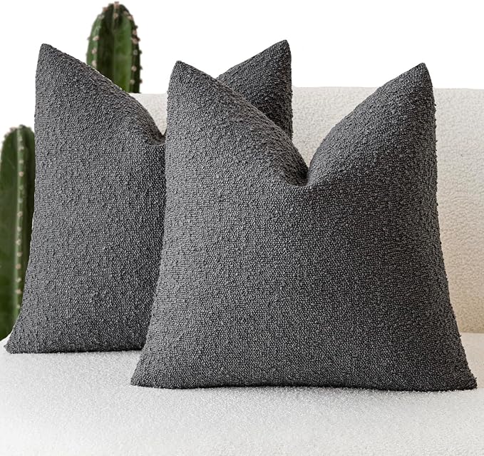 Foindtower Pack of 2 Textured Boucle Throw Pillow Covers Accent Solid Decorative Pillow Cases Cozy Woven Couch Cushion Case for Sofa Bedroom Living Room Home Decor, 18 x 18 Inch,Dark Grey