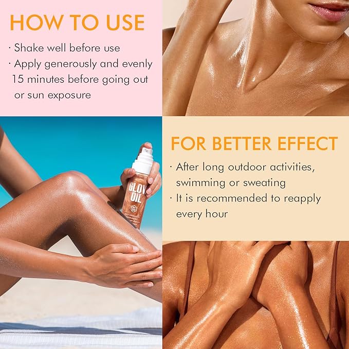 Body Glow Oil, Broad Spectrum SPF 50, Glitter Shimmer Sunscreen Body Oil Lotion with Sequin Mica, Lightweight Non-Sticky Moisturizer with Coconut, Skin Illuminator Glowing Results (02# Rose Gold)