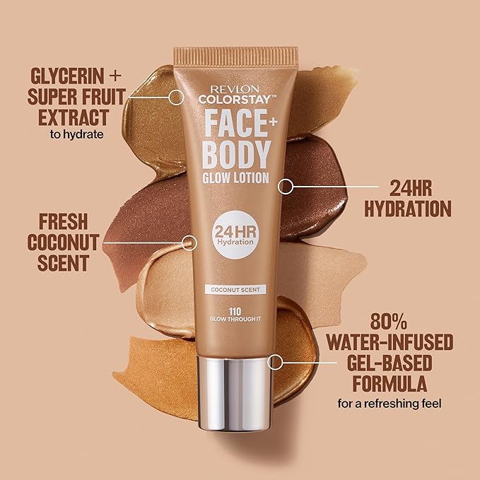 Revlon ColorStay Face & Body Glow Lotion, Hydrating Moisturizer, 24HR Hydration, Illuminating Luminizing Shimmer, 110 Glow Through It