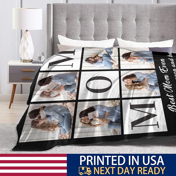 Custom Mom Blanket with 6 Photo & Text, Personalized Birthday Blanket with Picture for Mother, HD Printing Customized Flannel Throw Blanket Gifts for Best Mom Ever