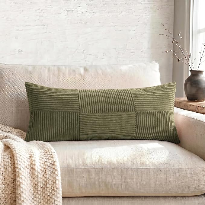 Fancy Homi Set of 1 Olive Green Boho Long Lumbar Body Decorative Throw Pillow Cover 14x36 Inch for Bed Couch Bedroom Bench, Soft Patchwork Corduroy Textured Pillow Case, Rustic Farmhouse Room Decor