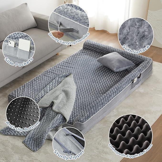 BFPETHOME Orthopedic Washable Dog Bed, Sleeping Couch for Large Senior Dogs | Deluxe Plush Rose Velvet Washable Cover, Egg Crate Foam Support, Waterproof Lining, Non-Slip Bottom, Senior Dogs