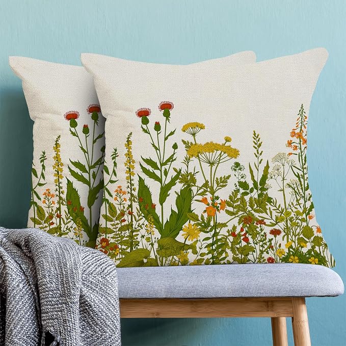 AEIOAE Yellow and Green Pillow Covers 16x16 Inch Set of 2, Spring Wildflower Plant Throw Pillows Case,Seasonal Floral Outdoor Decorative Flowers Farmhouse Decor Cushion Covers for Home Sofa Bed Couch