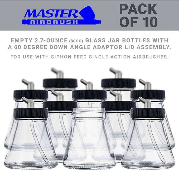 Master Airbrush (Pack of 10) TB-004 Empty 2.7-Ounce (80cc) Glass Jar Bottles with 60° Down Angle Adaptor Lid Assembly - Fits Single-Action Siphon Feed Airbrushes, Use with Master Badger Paasche, Iwata