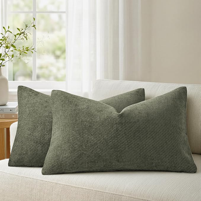 a moment Pack of 2 Decorative Chenille Throw Pillow Covers with Twill Cushion Covers for Sofa Living Room Couch Bed 20x12 Inch Olive Green