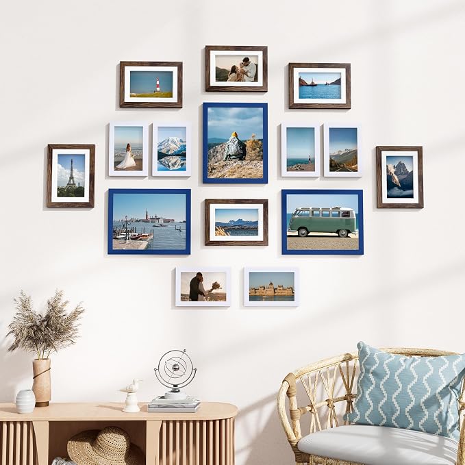 Vittanly 15 Pack Gallery Wall Frame Set, Blue, Brown, White | Picture Frames Collage Wall Decor: 3pcs 8x10, 6pcs 5x7, 6pcs 4x6. Picture Frame Set for Wall or Tabletop Display