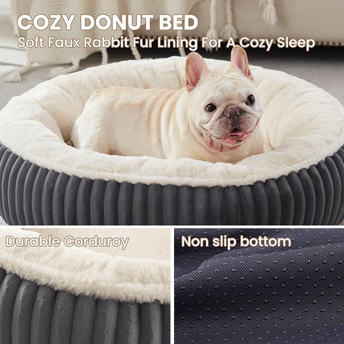 30 inches Calming Donut Dog Bed for Medium Dogs,Charcoal | Round Pet Bed with Removable&Washable Cover,Milk Plush Faux Fur, Fits Pets up to 30 lbs