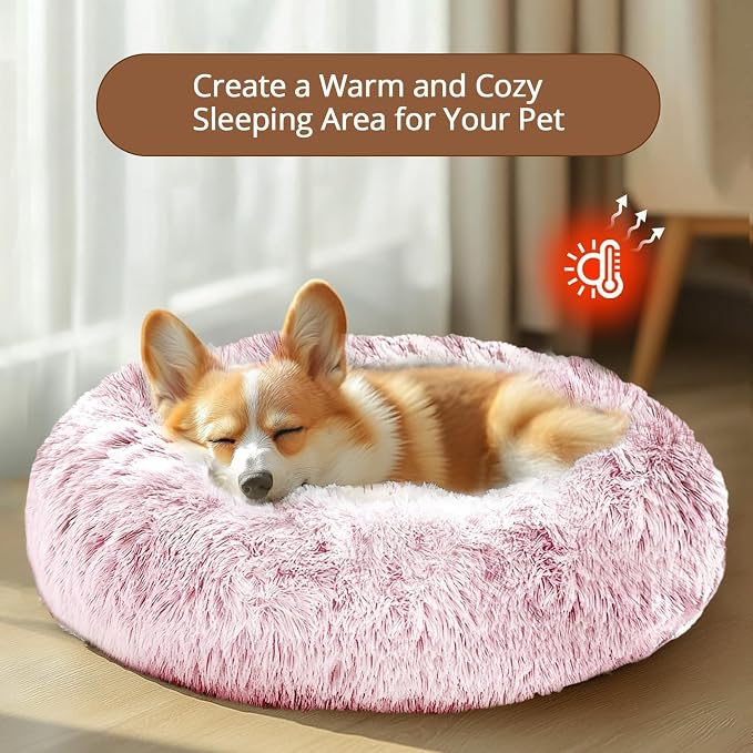 JOLLYVOGUE Calming Dog Beds Large Sized Dog, 36in Donut Washable Large Pet Bed, Anti-Slip & Anti-Anxiety Fluffy Faux Fur Round Dogs Bed, Fits up to 80 lbs Pets (Smoke Pink)