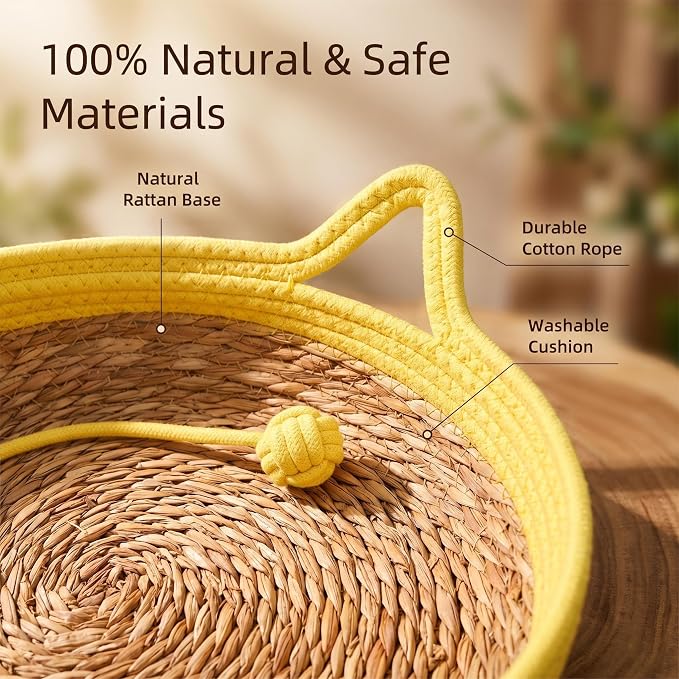 VIVIKIT Natural Cattail Cat Bed for Indoor Cats, 18.1" x 4.7"（Yellow） | Natural cattail, cotton trim, all season, scratch-proof, teaser ball, removable washable pad, for cats & dogs up to 22 lbs