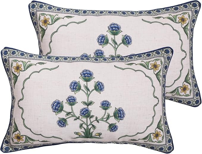 patdrea Designer Vintage Linen Throw Pillow Cover,12"x20",Set of 2-Ivar B | Decorative Pillow Case,Floral Pattern,White Pillow Cover for Couch Living Room Bedroom Sofa Outdoor