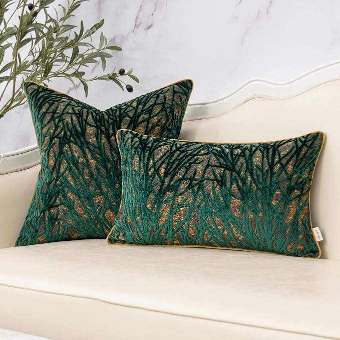Green Throw Pillow Cover Velvet Cushion Cover Branches Rectangular Pillowcase for Sofa Couch Bedroom Living Room, 12x20 Inch