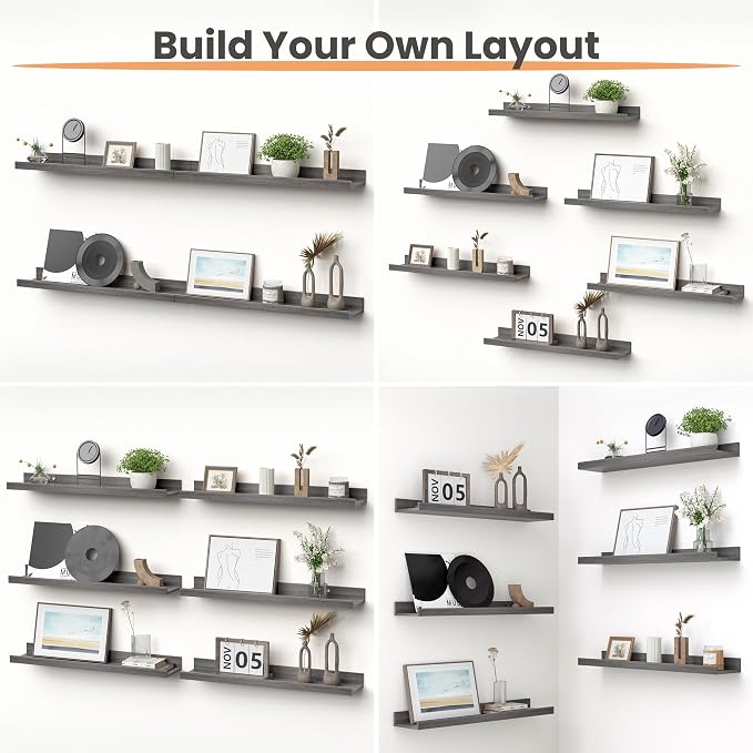 upsimples Floating Shelves for Wall Decor and Storage, Grey, 6Pcs 23.6'' | Wall Mounted Wood Shelves for Living Room, Bedroom, Bathroom, Kitchen, Office, Nursery Room, Coffee Bar Display and Organize