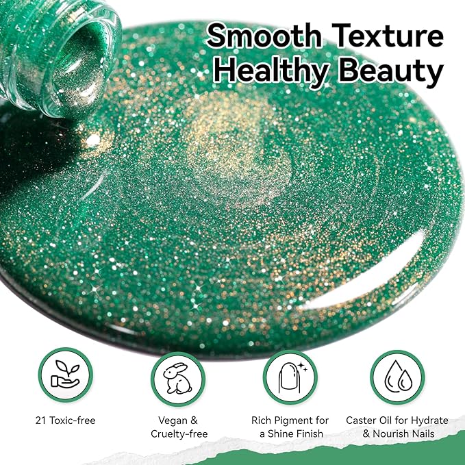 Green Nail Polish, Fast Air Drying Sparkly Shimmer Dreamy Green Glitter Nail Polish, 15 Toxic-free, High Shine Finish, Rich in Castor Oil, DIY at Home Nails Art Salon Travel Manicure Gift