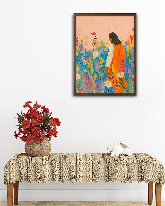EcoHest 12x16 in Jesus Wildflower Bible Verse Framed Christian Wall Art | Walnut Color Solid Oak Frame with Canvas Wall Art, Floral Scripture Wall Decor for Bedroom, Living Room, Office, Church,1Pack