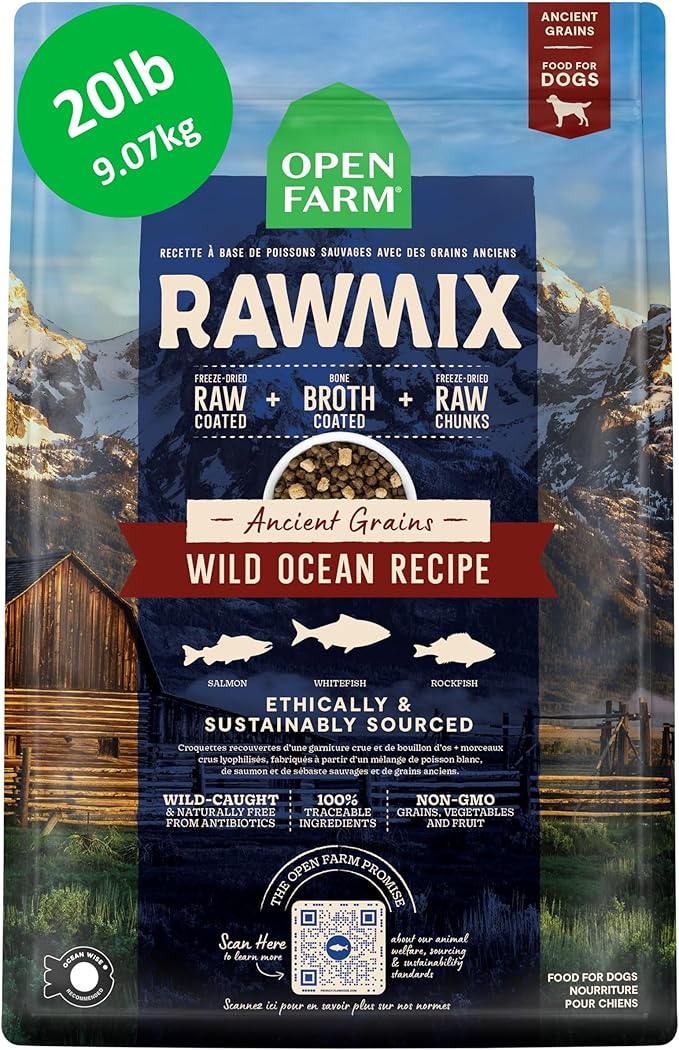 Open Farm RawMix Ancient Grains Dry Dog Food, Wild Ocean Kibble, 20lb Bag | Wild-Caught Whitefish, Salmon and Rockfish, Freeze Dried Raw Chunks, 100% Traceable Ingredients, Non-GMO Fruits & Veggies.