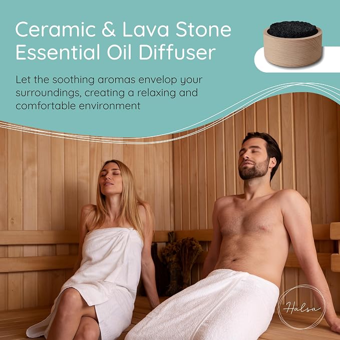 Halsa Lava Stone Diffuser for Sauna, Office, Bedroom, Bathroom - Natural Beechwood Base, Passive Diffusion, Lava Rock Absorbs Essential Oils - Natural Aromatherapy