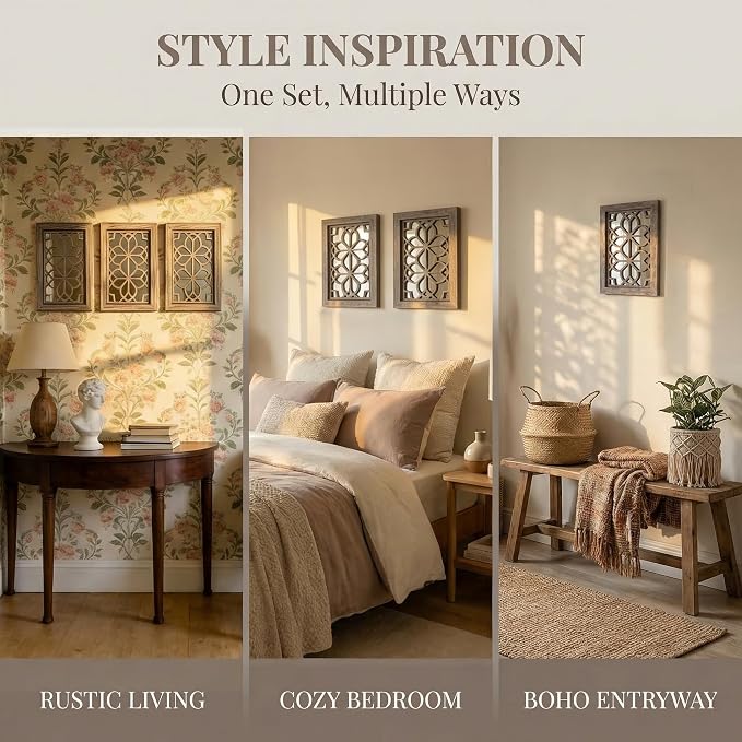 Set of 2 11x15 Inch Rectangular Shatterproof Brown Decorative Wall Mirrors, Boho Farmhouse Rustic Vintage Accent Mirrors for Living Room Bedroom Entryway & Home Decor