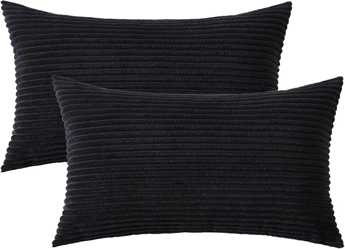 Mecatny Corduroy Decorative Throw Pillow Covers 12x20 Set of 2 Black | Soft Striped Texture, Hidden Zipper Design, Neutral Boho Lumbar Pillow Cases for Sofa Couch Living Room Bedroom, Home Décor