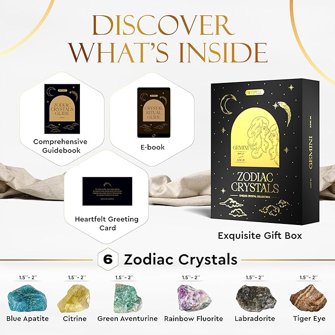 Wyspell Gemini Crystal Set - 6 Raw Gemini Crystals and Healing Stones - Gemini Zodiac Gifts for Women - Birthday Gifts for Women - Astrology Gifts for Women - Zodiac Crystal Set