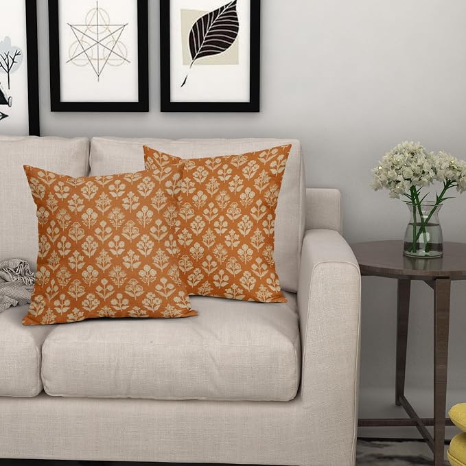 Burnt Orange Floral Pillow Covers 24x24 Inch Set of 2, Vintage Flower Block Print Pattern Decorative Throw Pillowcases Outdoor Farmhouse Cushion Covers Spring Summer Rustic Sofa Couch Bed Decor