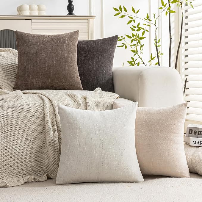 Set of 4 Soft Textured Decorative Throw Pillow Covers 22x22 Inch Cozy Farmhouse Cushion Cover Square Accent Pillow Cases for Bed Couch Sofa Living Room, Neutral
