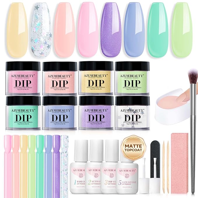 AZUREBEAUTY 30Pcs Dip Powder Nail Kit Starter, Pink Pastel Blue Green Glitter 8 Colors Summer Macarons Dipping Powder Liquid Set with Base/ Matte Top Coat/ Activator/Nail Sticks Easter Gift