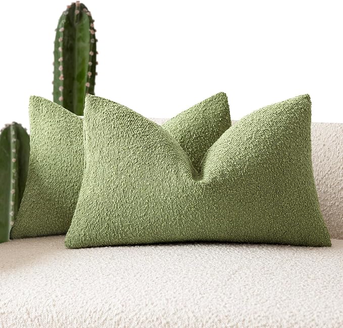 Foindtower Pack of 2 Textured Boucle Throw Pillow Covers Accent Solid Decorative Lumbar Pillow Cases Soft Couch Cushion Case for Chair Sofa Bedroom Living Room Home Decor 12x20 Inch Leaf Green