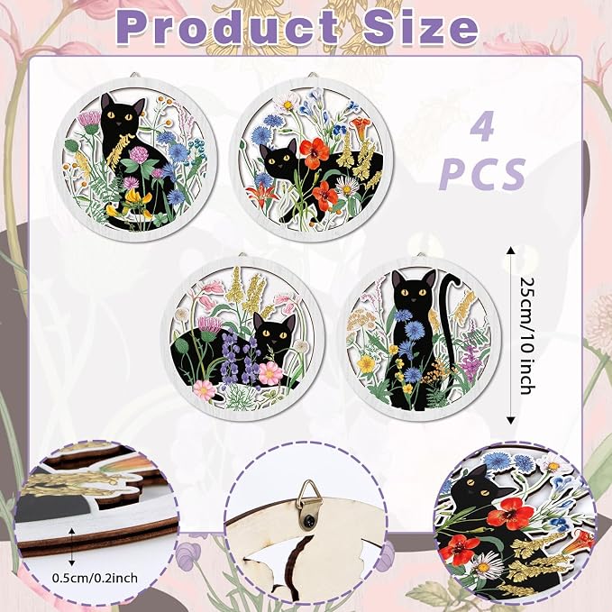 Funny Black Cat Wall Decor,Farmhouse Floral Wooden Signs,4 Pieces 10''x10'' Colorful Botanical Kitten Wall Art,Plant Cat Wood Plaque Home Decor for Pet Shop,Nursery,Lovely Cat Gifts