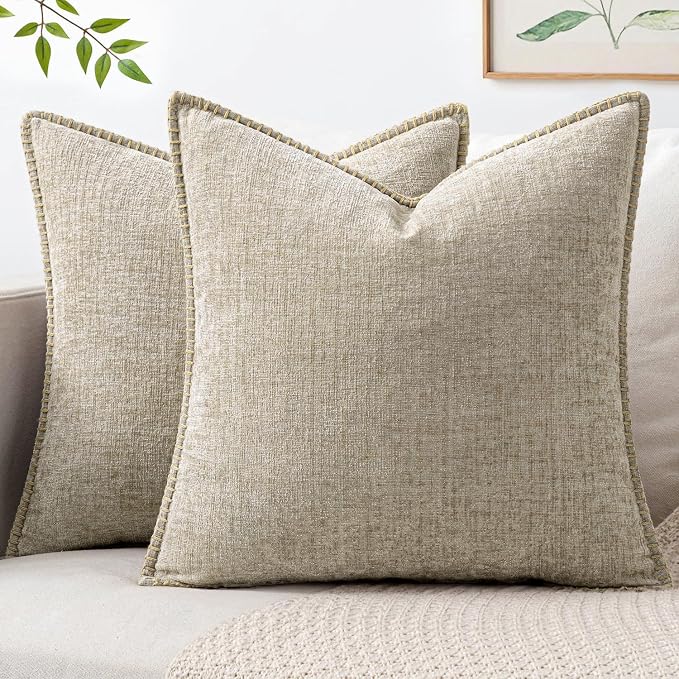 MIULEE Decorative Couch Throw Pillow Covers 18x18 Inch Light Taupe 2 Pack | Neutral Farmhouse Pillow Covers with Stitched Edge, Soft Chenille Cushion Cases, for Sofa Bed Living Room Home Decor