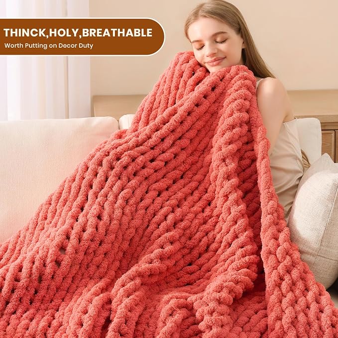 L'AGRATY Chunky Knit Throw Blanket for Couch, 50 x 60 Inches, Coral Pink | Handmade Chenille Crochet Blanket for Sofa Bed, Thick Cable Knitted Blankets for Room Home Decor, Birthday Gift for Women Mom