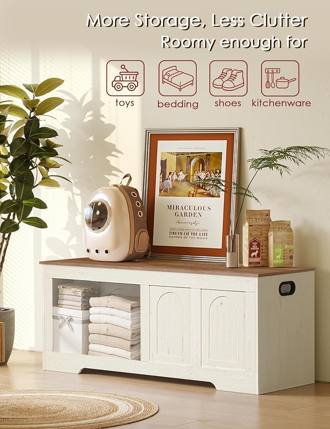 Storage Chest, Wooden Toy Box, Honey Brown & Rustic White 50.0" L | Extra Large Storage Bench, 2 Soft-close Hinges, Finger-safe Flip-Top Lid, Easy Assembly, Farmhouse Trunk, Living Room/Bedroom