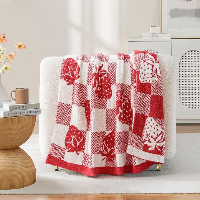 Snuggle Sac Starwberry Throw Blanket for Couch, Microfiber Fluffy Warm Cozy Fuzzy Reversible Checkered Blankets for Sofa, Chair, Bed, 50x60 inches