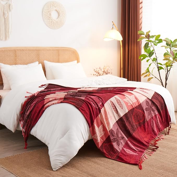 Bohemian Chenille Jacquard Tassel Throws - Reversible Red&Pink Maple Leaf Design for Boho Hippie Vibes - Oversized Blankets for Large Couch, Furniture, Sofa, Chair
