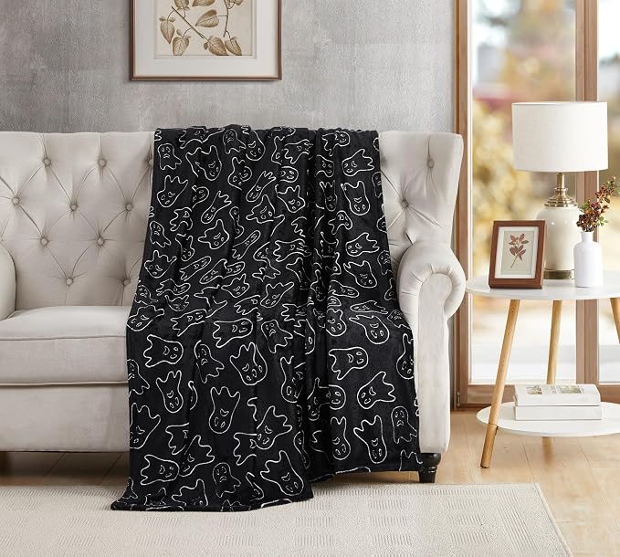 Halloween Fleece Throw Blanket, Cute Ghost Outline on Black, 50x70 XL size | Ultra-soft cozy flannel fleece, for sofa bed couch chair & dorms, spooky Halloween décor, durable and machine washable.