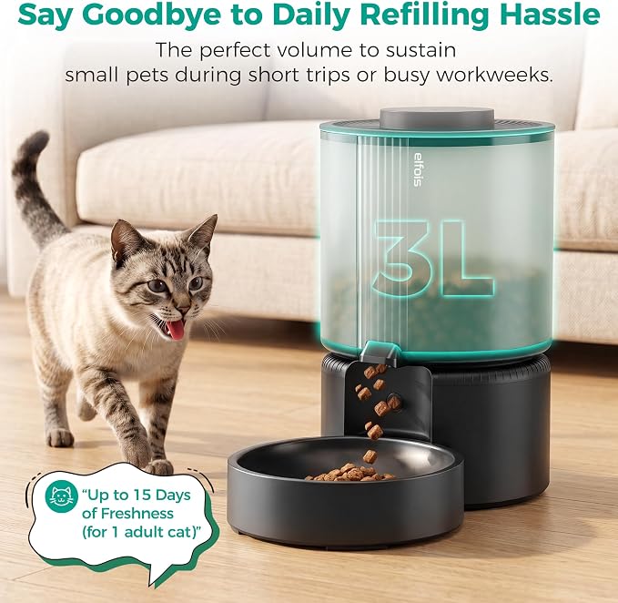 WiFi Automatic Cat Feeder, Smart App Control, 3L | WiFi scheduling, dual power(no battery), detachable & easy clean. Locks dry food flavor, ideal for cats & small dogs.