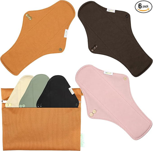 Wegreeco Cloth Menstrual Pads - Soft Washable Pads for Women - Reusable Panty Liners for Women - 6 Pack with 1 Cloth Mini Wet Bag (X-Large, Dark Coffee)
