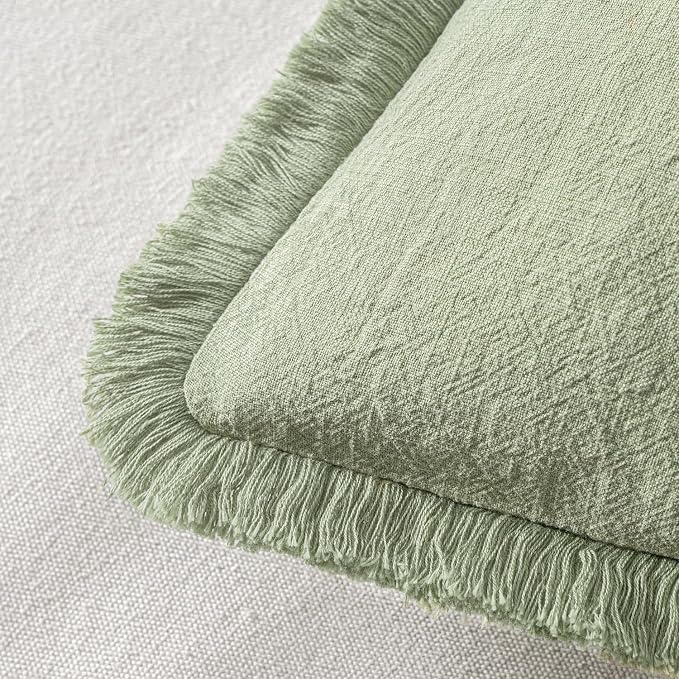 MIULEE Boho Linen Fringe Decorative Throw Pillow Covers Sage Green 18x18 | Set of 2, Cottagecore Decor, Boho Farmhouse Neutral Pillow Covers, Rustic Couch Cushion Cases for Sofa Bed Living Room
