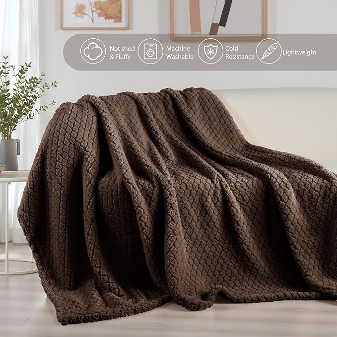 Exclusivo Mezcla Soft Fleece King Size Blanket for Bed, Coffee | Jacquard Lightweight Cozy Bed Blanket, Breathable Decorative Fuzzy Textured All Season Use, 90x104 Inches