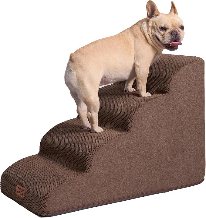 EHEYCIGA Curved Dog Stairs Ramp, 4-Step High Beds, 19.7" H Pet Step | 33D density of pure foam, for Small Dogs and Cats, Pet Stairs for High Bed Climbing, Non-Slip Balanced Indoor, Brown
