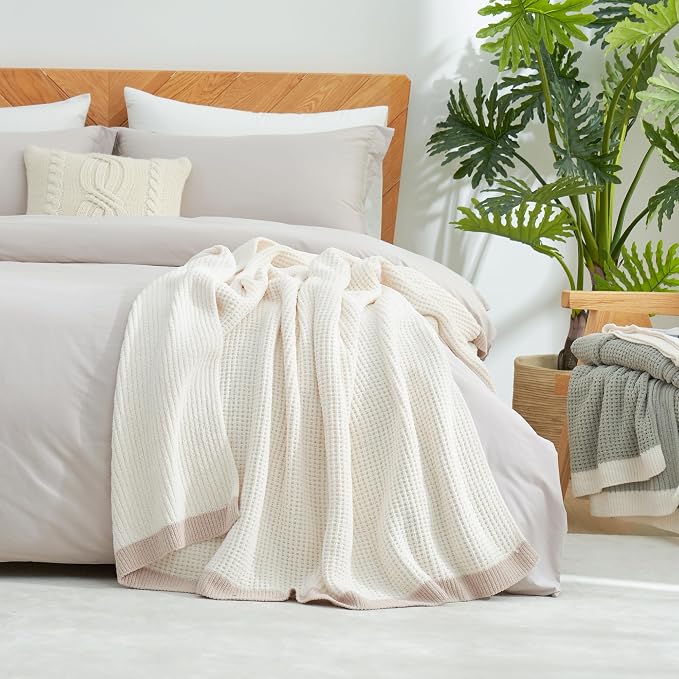 Chenille Throw Blanket, Soft Cozy Waffle Throw for Couch & Sofa, Warm Yet Lightweight, Breathable All-Season Throws for Women Men, Housewarming, Birthdays, 50"x60", Ivory
